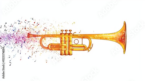 A vibrant trumpet surrounded by a burst of colorful musical notes, symbolizing creativity and expression through music and art in a modern digital style.