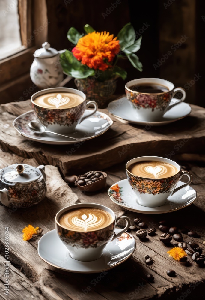 Fototapeta premium elegant display stylish coffee cups artfully arranged rustic wooden table surrounded warm natural light complementary elements, beverage, tea, decor