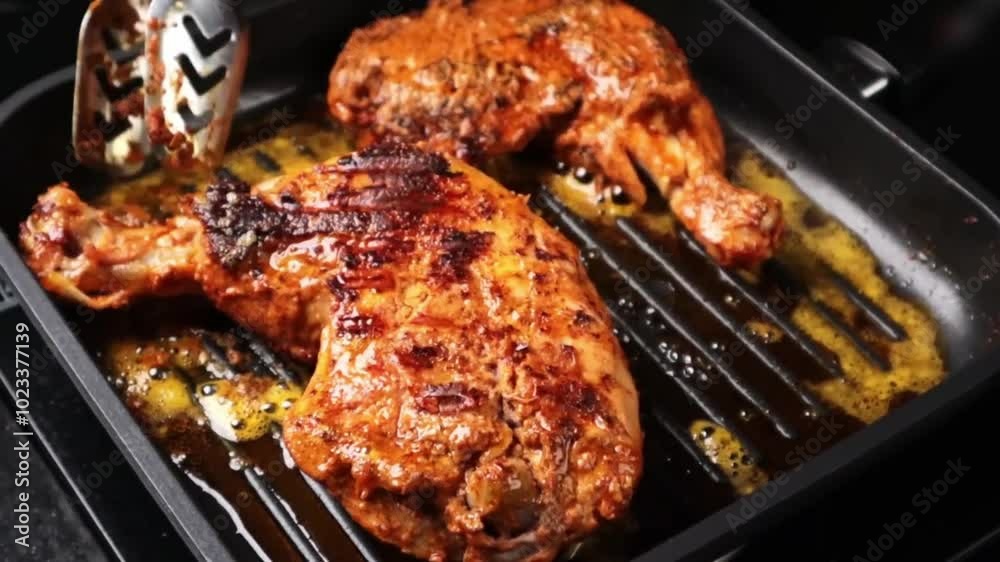 Grilled Chicken Frying in grill pan camera motion Grilled Chicken Frying in grill pan camera motion