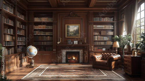 Elegant Home Library with Fireplace, Leather Armchair & Classic Wooden Shelves