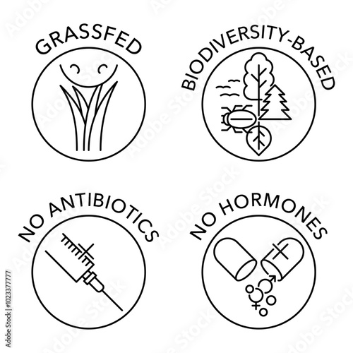 Meat products icons - Grass fed, Biodiversity-based, No antibiotics, Hormones