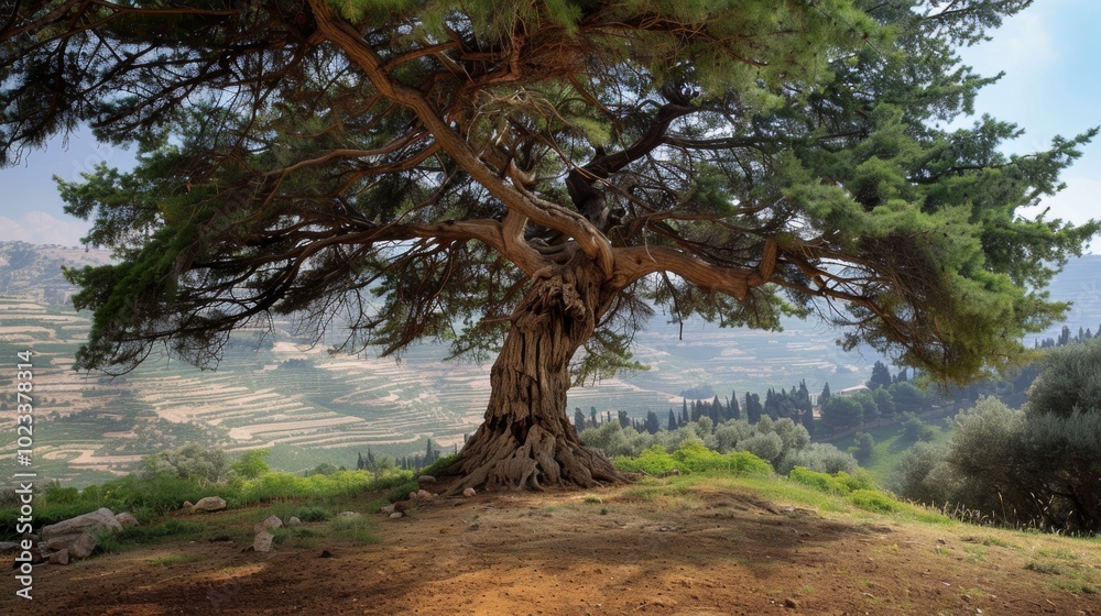 Fototapeta premium Majestic Pine Tree Overlooking Dramatic Mountain Landscape in Natural Scenic Setting