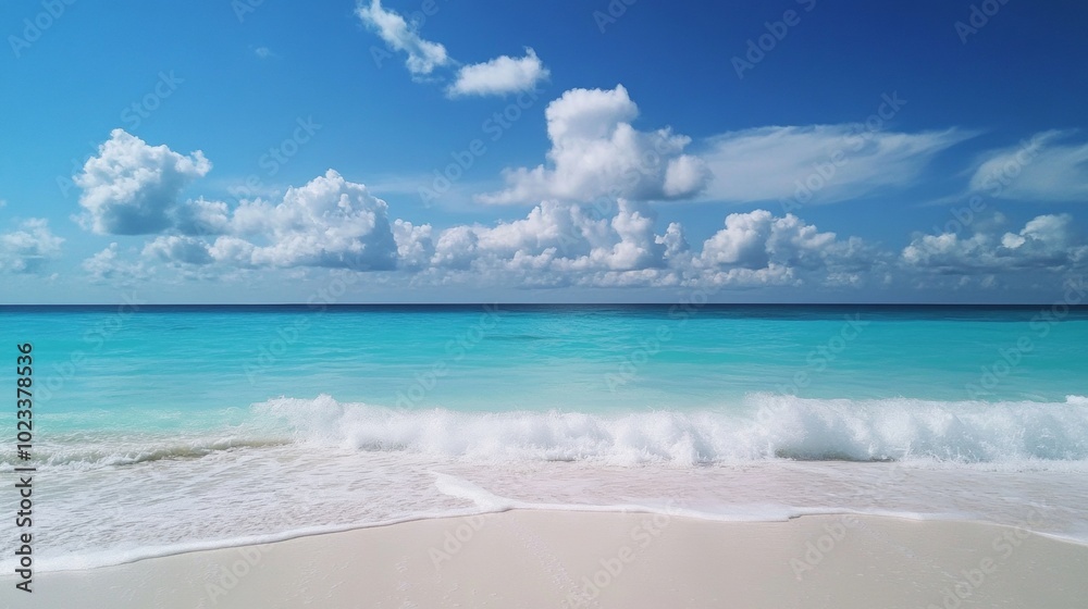 A beautiful beach with a blue ocean and white clouds in the sky
