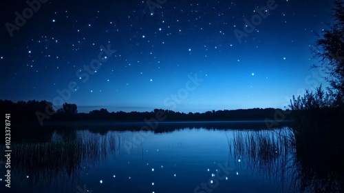 A beautiful night sky with a lake in the background