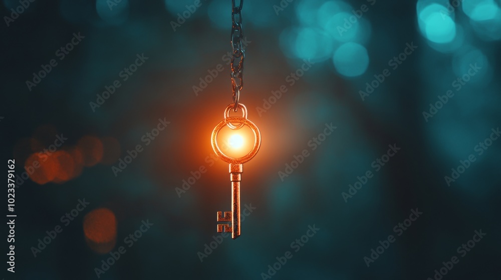 A key is hanging from a chain and is lit up A key is hanging from a chain and is lit up