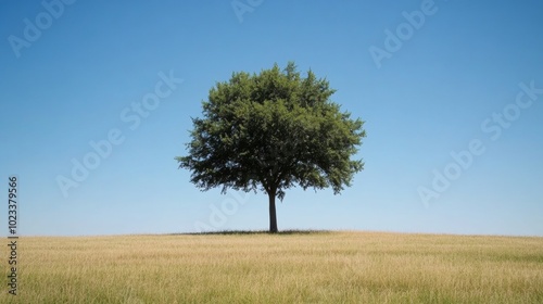 A lone tree stands in a field of tall grass