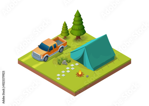 Isometric illustration of a camp