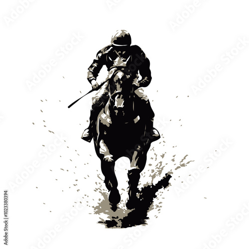 Jockey riding a horse in a dynamic race with splashes of dirt, depicted in a stylized black and white illustration