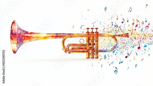 A golden trumpet depicted amidst a burst of colorful music notes, combining artistic style that illustrates the vibrant energy and emotions of musical creation.