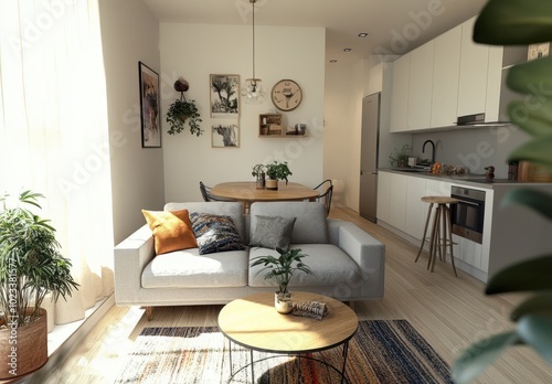 Modern Living Room with Grey Sofa, Wooden Coffee Table, and Kitchenette in Background