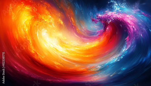 Abstract swirl of vibrant colors, blending orange, red, and blue hues in dynamic wave.