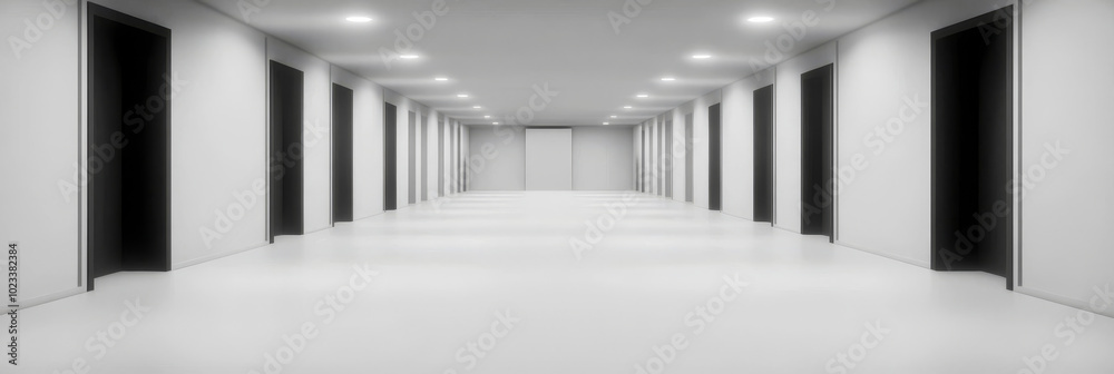 Fototapeta premium A long, white hallway with a series of black doors. The lights are on and the hallway is empty.
