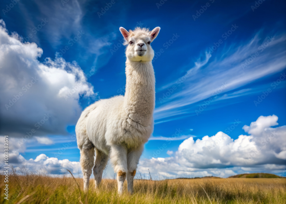 Fototapeta premium white alpaca stands proudly in lush green field under bright blue sky, surrounded by fluffy clouds. serene landscape captures beauty of nature and gentle demeanor of this charming animal