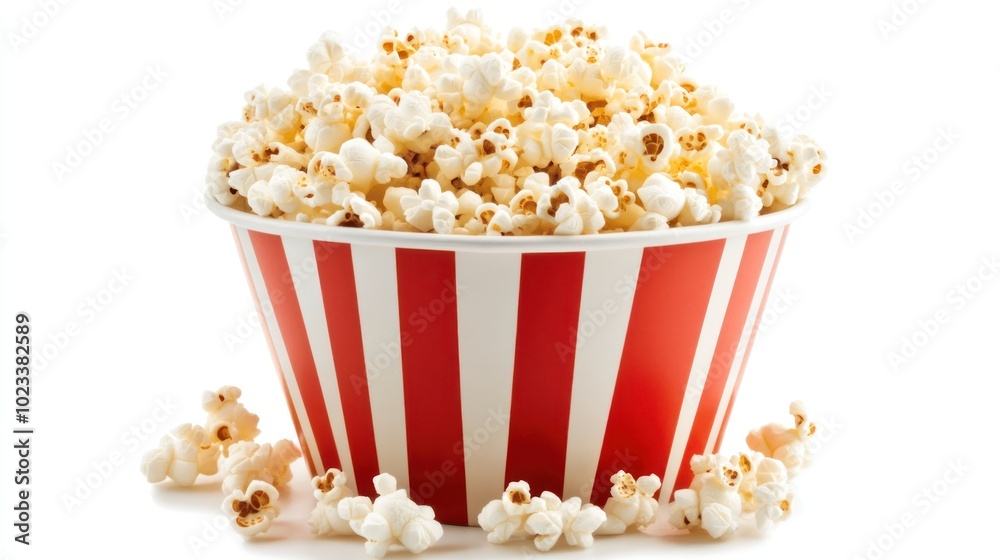 A large, striped red and white bowl overflowing with freshly popped popcorn against a white background, some kernels scattered around the base. A large, striped red and white bowl overflowing with freshly popped popcorn against a white background, some kernels scattered around the base.