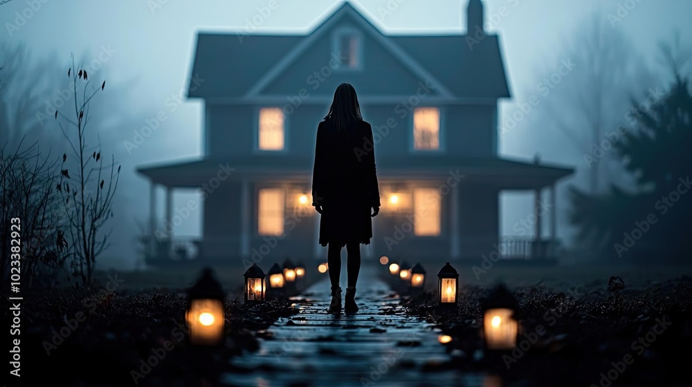 A mysterious figure stands in the mist, illuminated by lanterns leading to a hauntingly beautiful house at night. A mysterious figure stands in the mist, illuminated by lanterns leading to a hauntingly beautiful house at night.