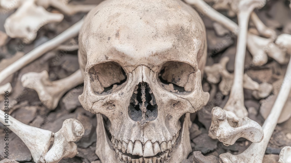 Realistic depiction of a human skull surrounded by bones, ideal for themes of anatomy, death, or archaeology. Realistic depiction of a human skull surrounded by bones, ideal for themes of anatomy, death, or archaeology.