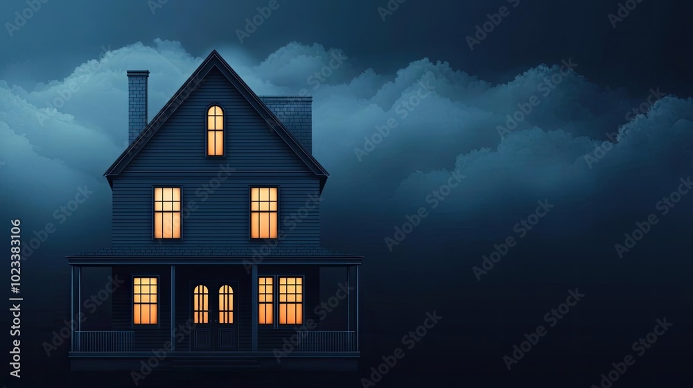 A hauntingly beautiful house illuminated in warm light, surrounded by mysterious dark clouds at night, evoking a sense of intrigue.