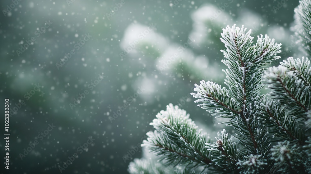 Snowflakes on pine branches against dark green blur Snowflakes on pine branches against dark green blur