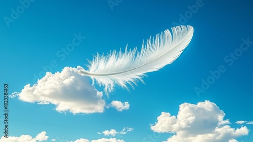 A Graceful Feather Gliding Through a Vast Blue Sky Over Clouds