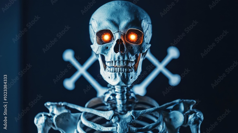 An eerie skeleton with glowing orange eyes, set against a dark background with crossbones, perfect for Halloween themes. An eerie skeleton with glowing orange eyes, set against a dark background with crossbones, perfect for Halloween themes.