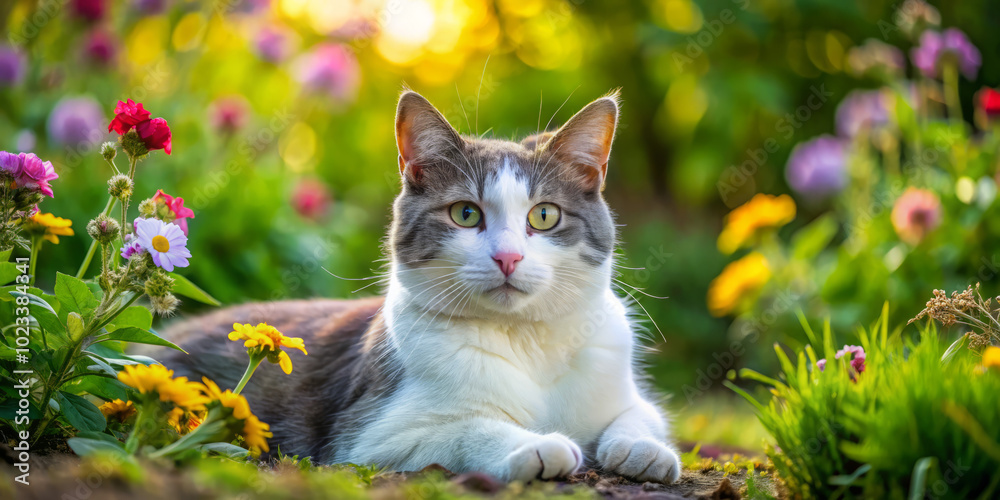 Obraz premium white and grey cat lounges peacefully in vibrant garden filled with colorful flowers, enjoying warm sunlight and serene atmosphere