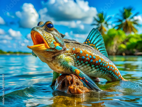 vibrant, colorful snapshot of fearless mudskipper perched on rock, showcasing its unique features against stunning backdrop of blue skies and lush greenery. scene captures essence of natures beauty photo