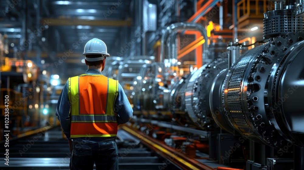 Worker in safety gear observes machinery in an industrial setting.