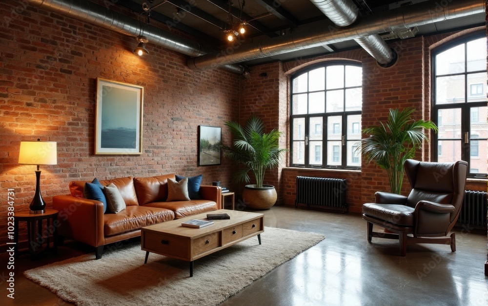 Industrial-style living room with leather sofa and wooden furniture. Warm brick walls, large windows, and green plants create a cozy atmosphere in the spacious room Industrial-style living room with leather sofa and wooden furniture. Warm brick walls, large windows, and green plants create a cozy atmosphere in the spacious room