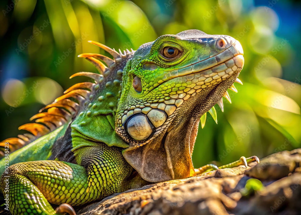 Obraz premium vibrant green iguana basking in sunlight, showcasing its intricate scales and unique features. lush background enhances serene atmosphere of this reptiles habitat