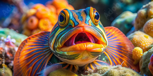 Vibrant orange and yellow striped jawfish with striking colors, showcasing its unique features in colorful coral reef environment. This fish exudes lively and captivating presence photo