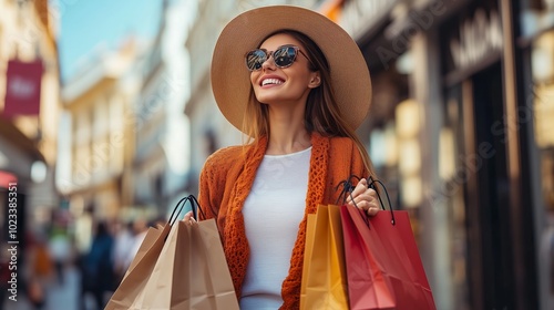 A cheerful woman enjoys shopping while carrying colorful bags in a vibrant urban street during daytime photo