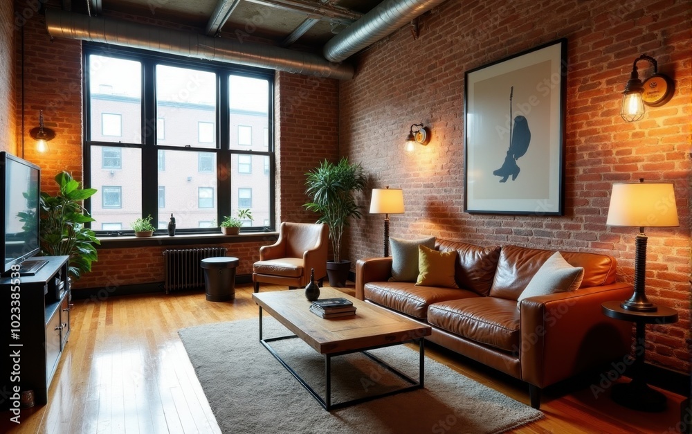 Fototapeta premium Loft living room with a focus on brick walls and natural light. A spacious room featuring a leather sofa, large windows, and wooden furniture, creating a modern and cozy vibe