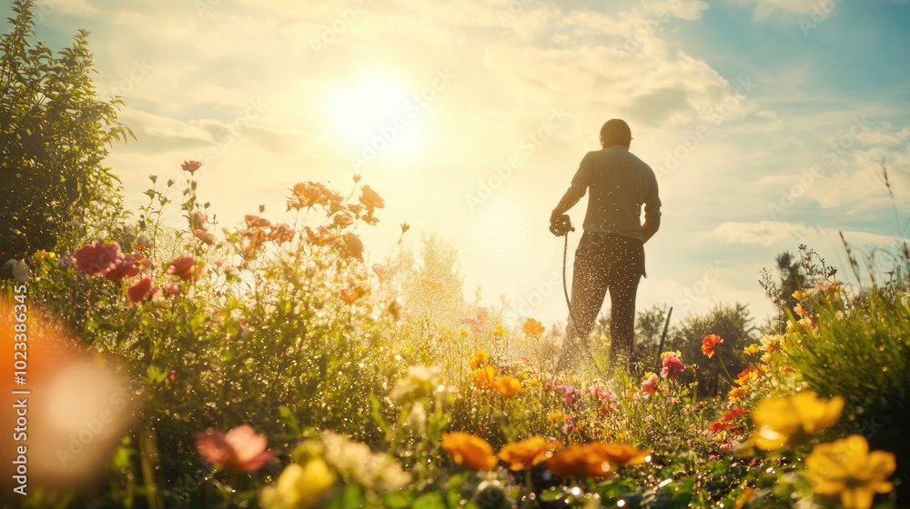 Fototapeta premium A gardener irrigating flowers with a sprinkler hose on a sunny day, carefully tending to the vibrant garden with love and attention.