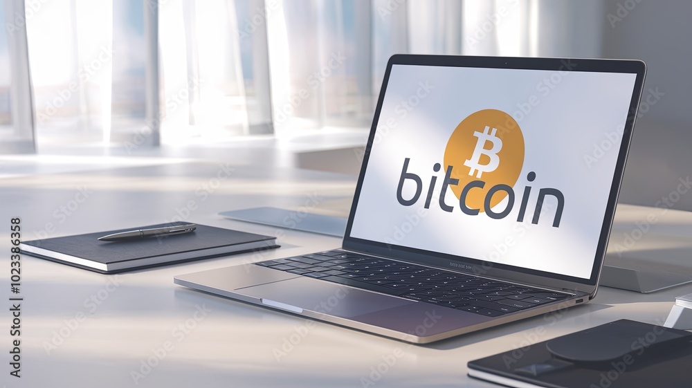 Minimalist Workspace Featuring Bitcoin Logo on Laptop Screen with Modern Desk Setup Generative aI Minimalist Workspace Featuring Bitcoin Logo on Laptop Screen with Modern Desk Setup Generative aI