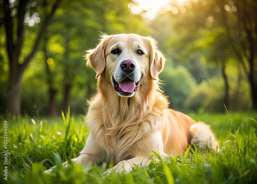Obraz premium golden retriever lies happily in lush green field, surrounded by trees and soft sunlight. dogs joyful expression captures essence of serene outdoor moment