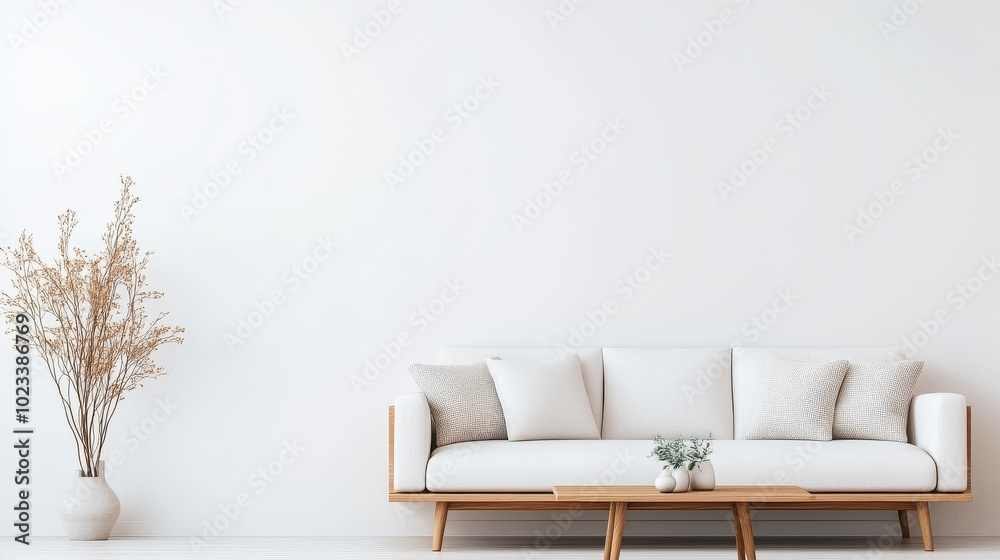Fototapeta premium Minimalist living room with a white couch and wooden coffee table.