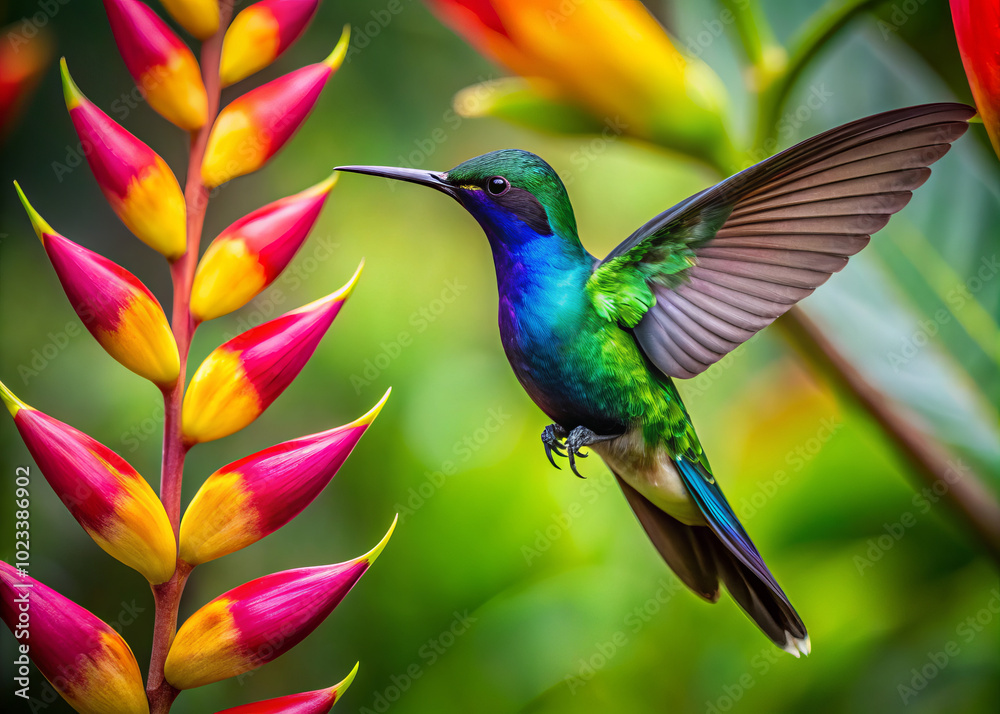 Fototapeta premium vibrant hummingbird with iridescent green and blue feathers hovers gracefully near colorful tropical flowers, showcasing its delicate beauty and agility in nature