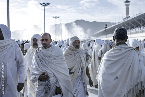 Tranquil Gathering of Devoted Muslim Pilgrims in Ihram Garments Preparing for Hajj - Unity and Equality in Spiritual Journey photo