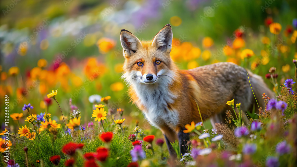 Fototapeta premium red fox exploring colorful meadow filled with vibrant flowers, showcasing its striking fur and curious expression. scene captures beauty of nature and wildlife
