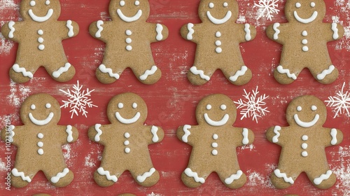 Gingerbread men cookies arranged on a red background with white snowflake accents.