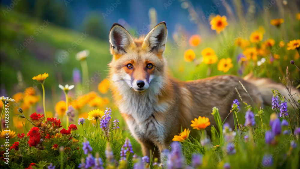 Fototapeta premium charming red fox stands gracefully in vibrant field filled with colorful wildflowers, showcasing its striking fur and curious expression. scene captures beauty of nature and playful spirit of