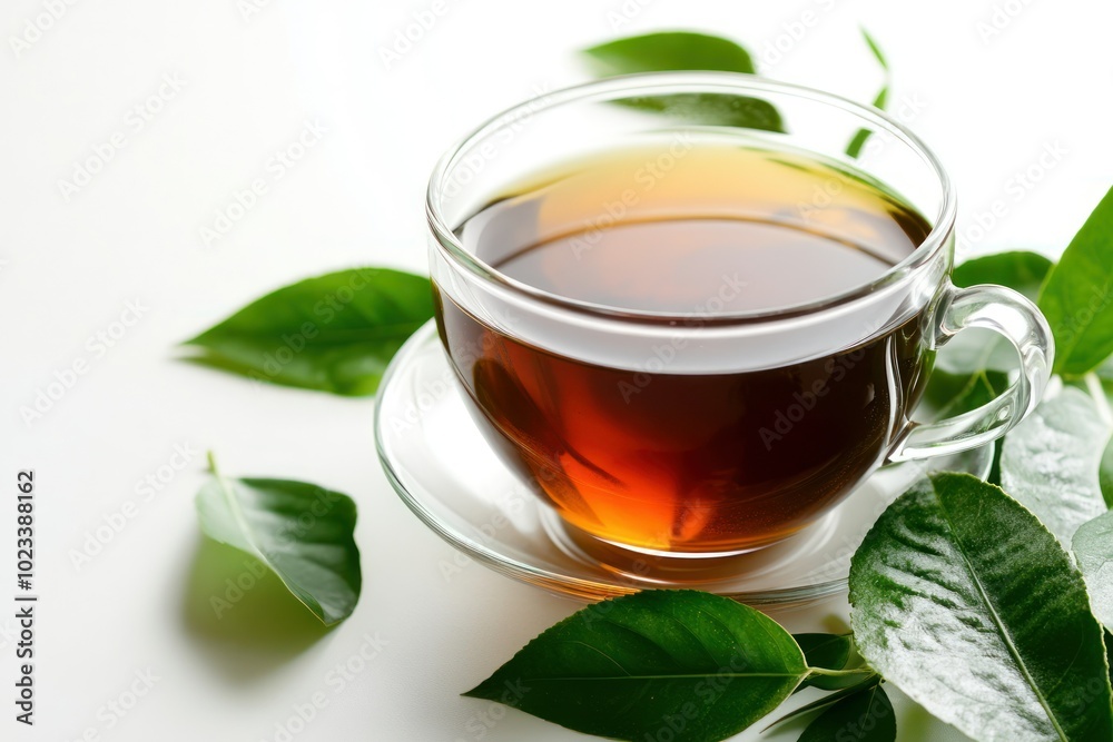 Herbal Tea in a Cup Surrounded by Fresh Leaves Herbal Tea in a Cup Surrounded by Fresh Leaves