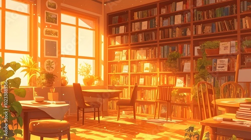 A cozy bookstore with bookshelves full of novels, a reader enjoying a cup of coffee, and sunlight streaming through a window.