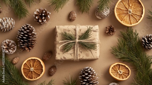 A Christmas and New Year background for eco-conscious brands, featuring natural elements like pine cones, dried oranges, and reusable gift wrap, 