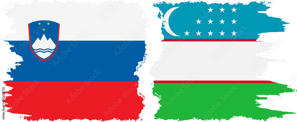 Uzbekistan and Slovenia grunge flags connection, vector