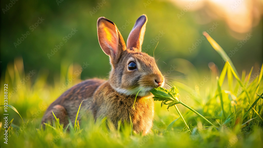 Fototapeta premium brown rabbit nibbling on green grass in sunny field, surrounded by vibrant greenery, exudes sense of tranquility and joy. soft sunlight enhances serene atmosphere
