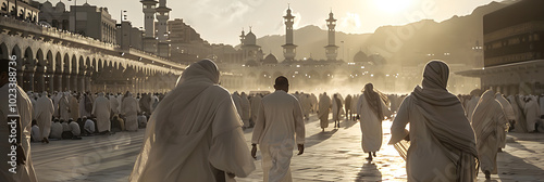 Tranquil Gathering of Devoted Muslim Pilgrims in Ihram Garments Preparing for Hajj - Unity and Equality in Spiritual Journey photo