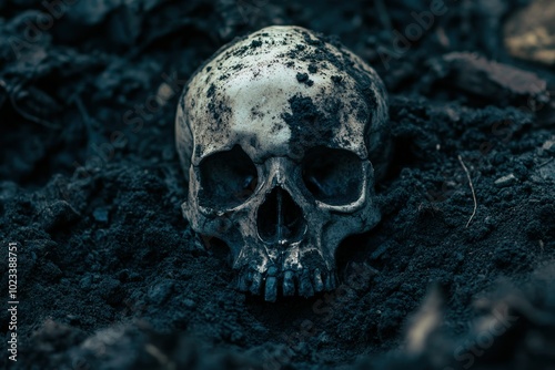 Skull Partially Buried in Dark Soil Displaying Decay