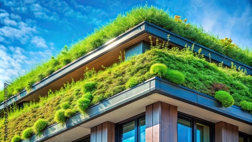 Green roof on building facade covered with greenery