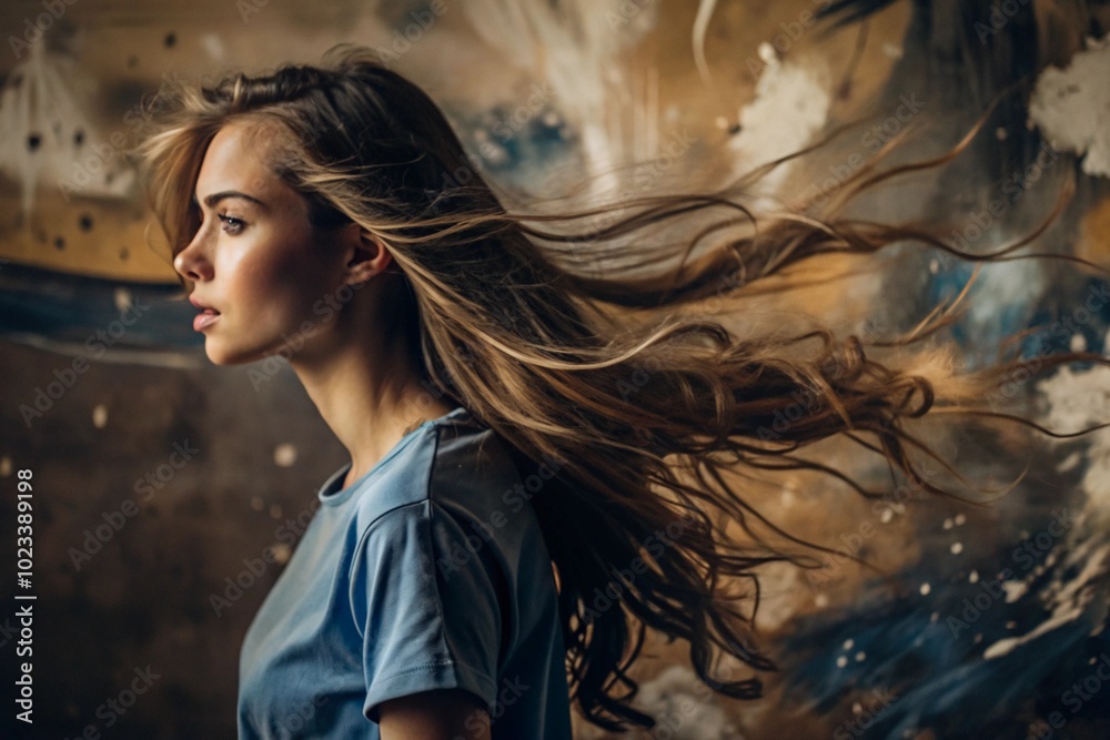 Portrait of a beautiful, young girl with a thoughtful look. The hair develops and creates a feeling of lightness and naturalness. Portrait of a beautiful, young girl with a thoughtful look. The hair develops and creates a feeling of lightness and naturalness.